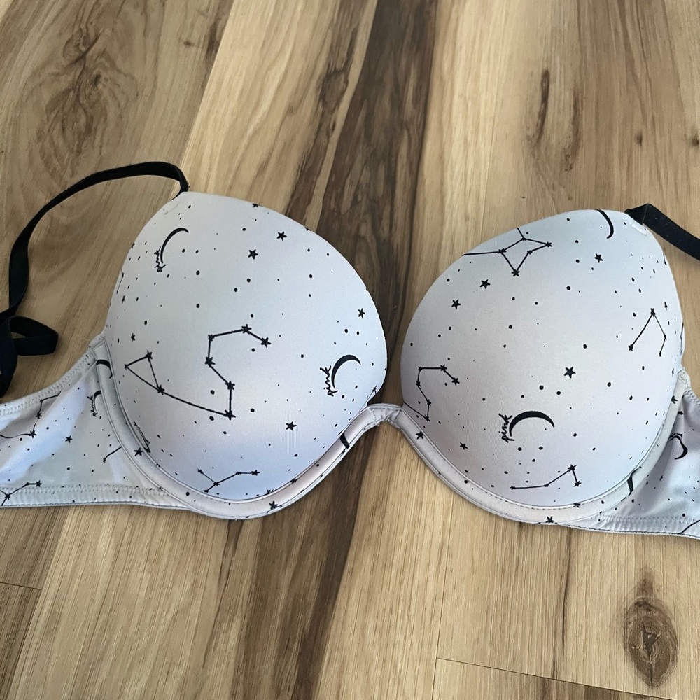 Victoria's Secret PINK 32D  Push Up Bra Celestial Stars Silver Fairy Black Moon